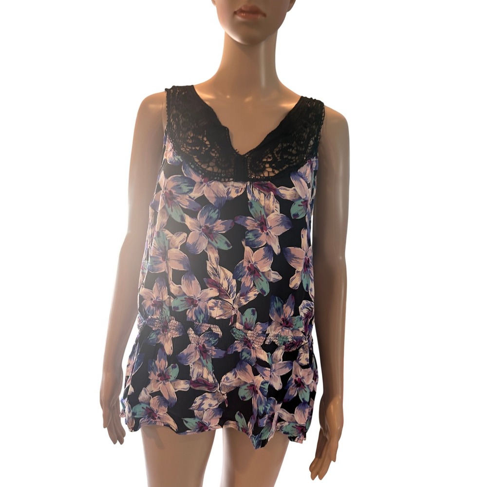 Elle Womens XL Floral Sleeveless Black Purple Blue Lace Yoke Drop Waist Blouse